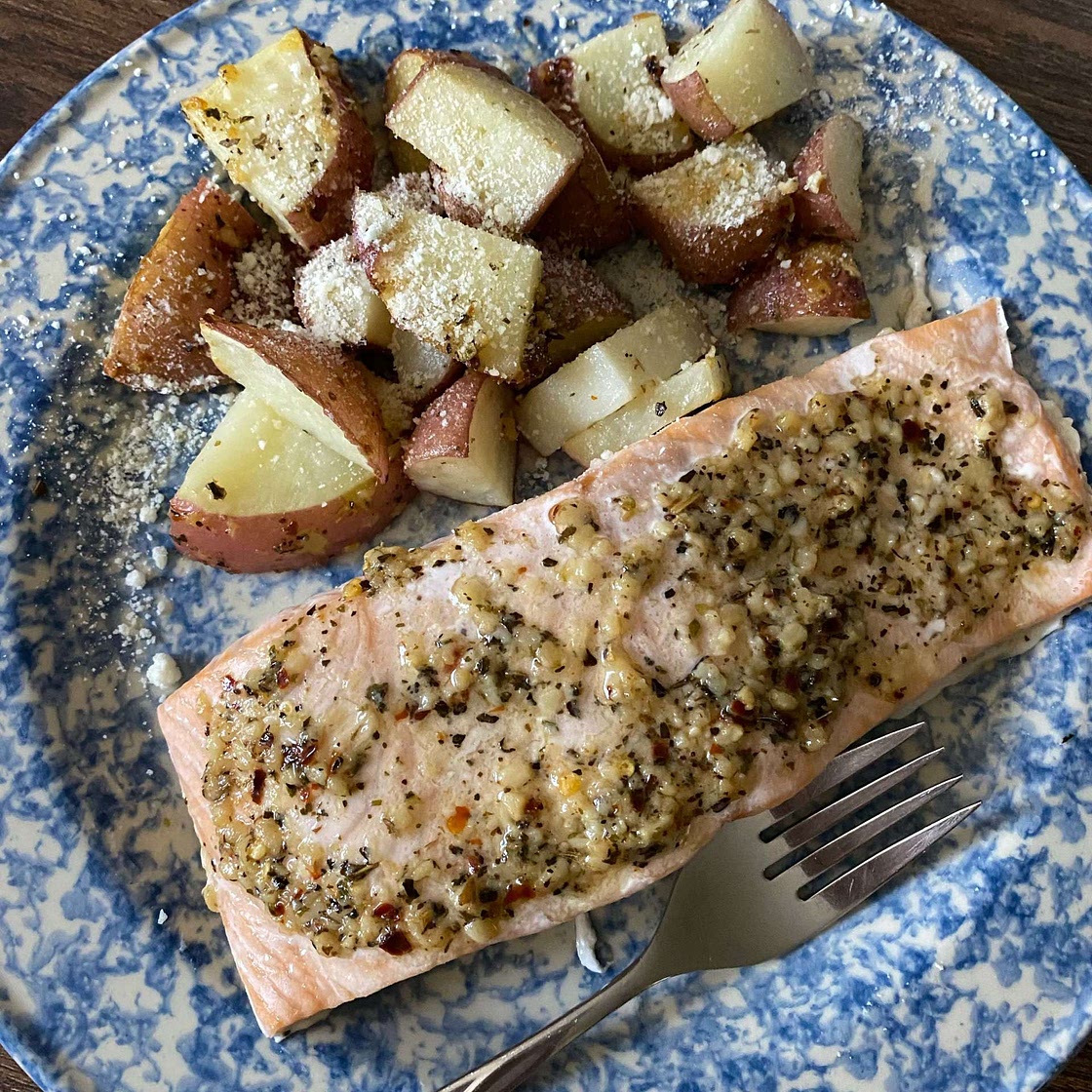 One Sheet-Pan Garlic Butter Salmon + Red Potatoes