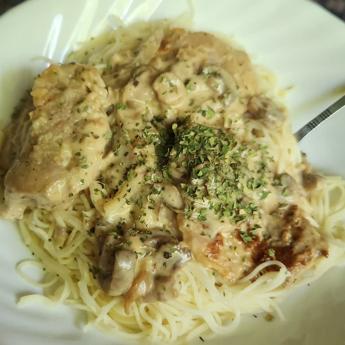 Pork Tenderloin in Creamy Mushroom Sauce and Pasta dinner