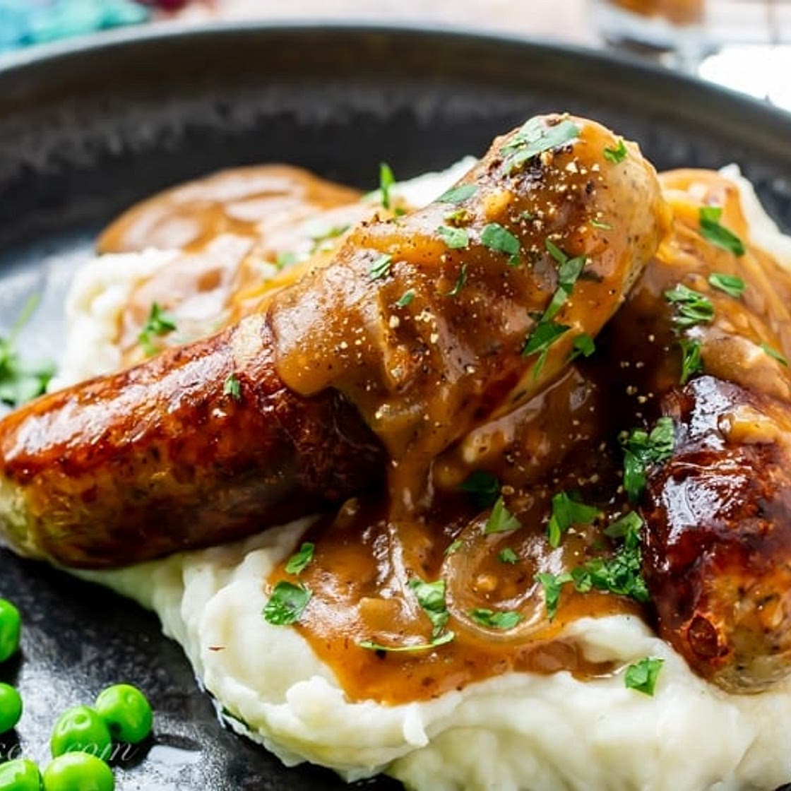 Bangers and Mash with onion gravy