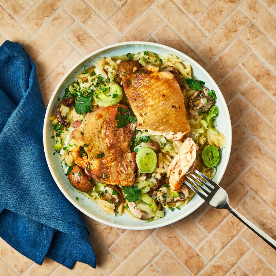 Roasted Chicken With Mushroom & Parsley Orzo