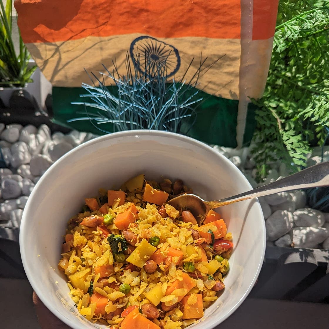 Indian spiced Poha (Flattened rice) with cilantro chutney