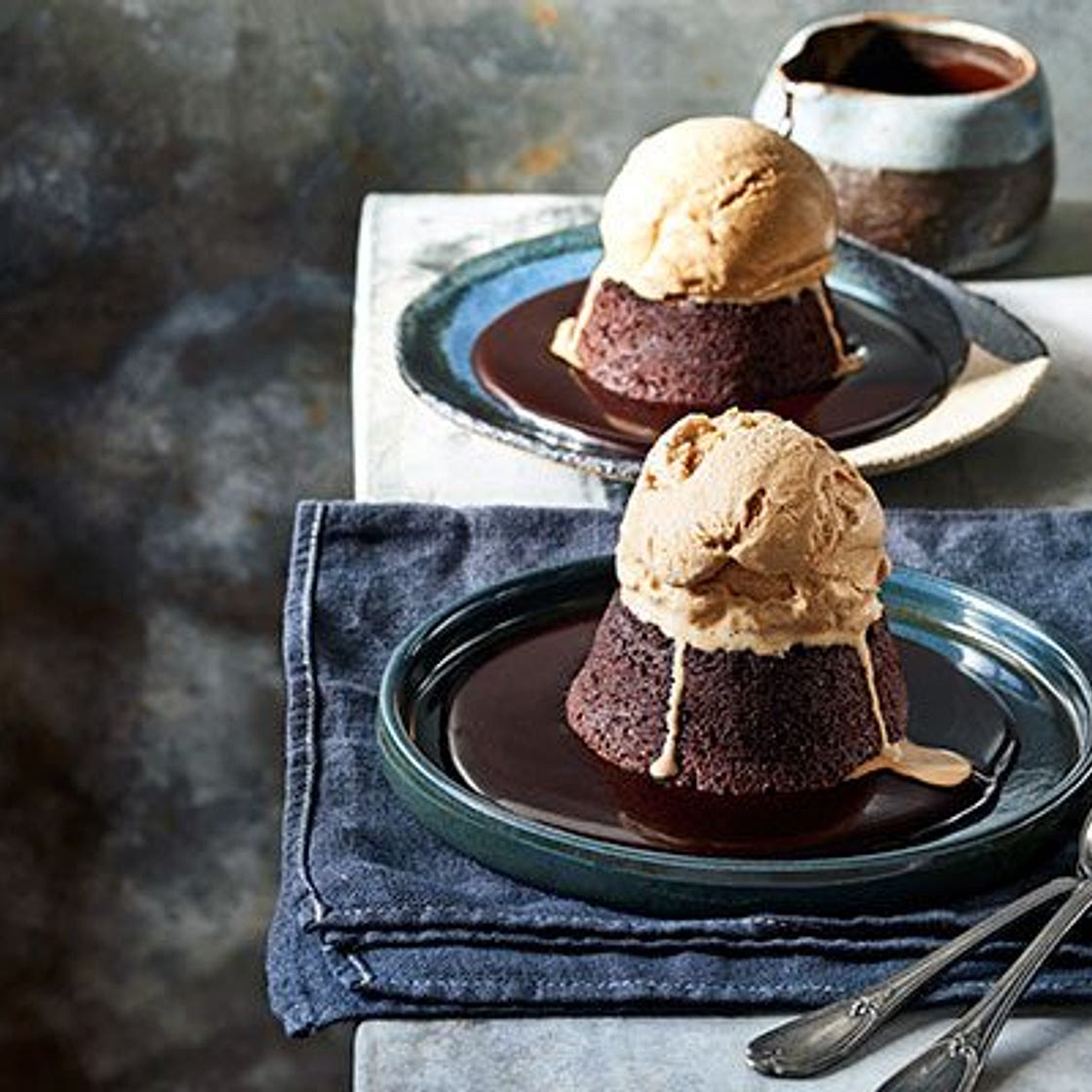 Espresso mud cakes, chocolate syrup & ice cream