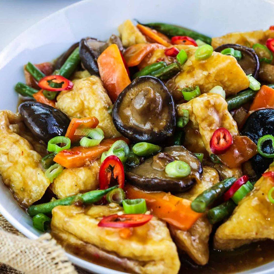 Tofu Puffs with Asian Vegan Mushroom Sauce
