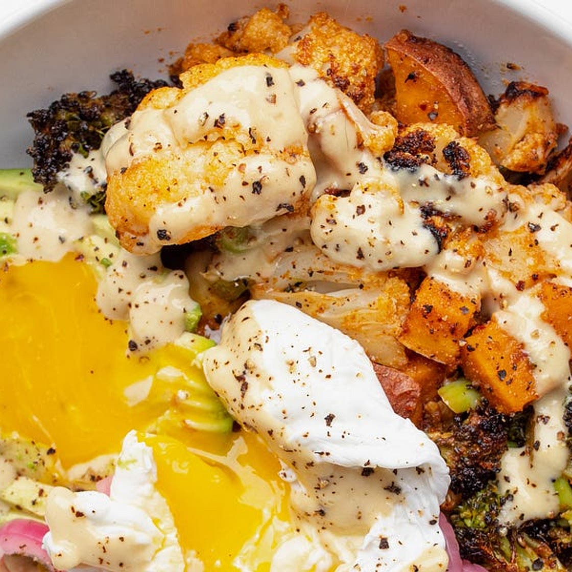 Veggie Bowl with Pickled Onions and a Poached Egg