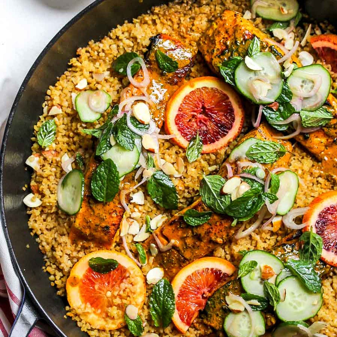 Turmeric-Glazed Salmon and Bulgur Skillet