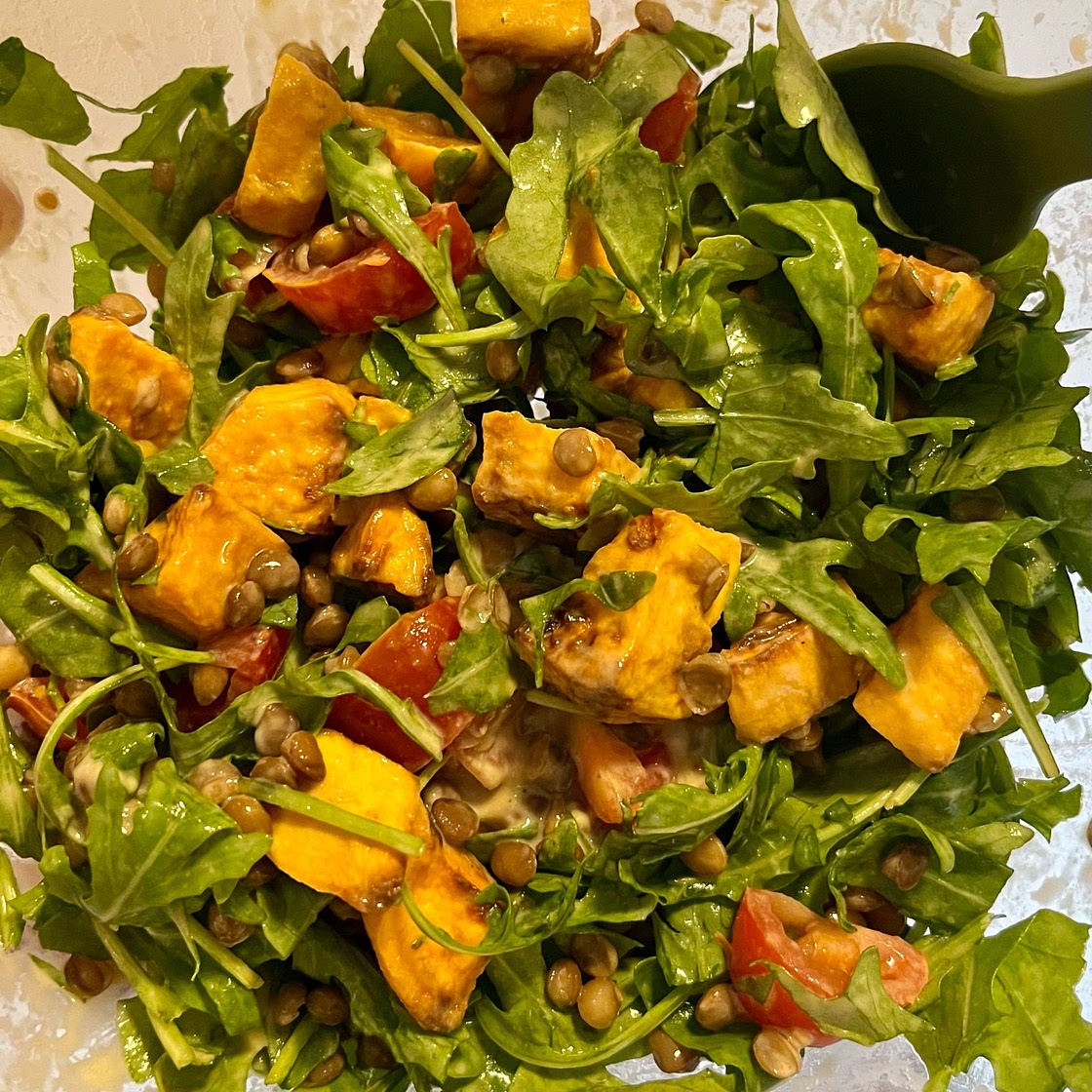 Tahini Mustard Sweet Potato, Lentil, and Arugula Salad