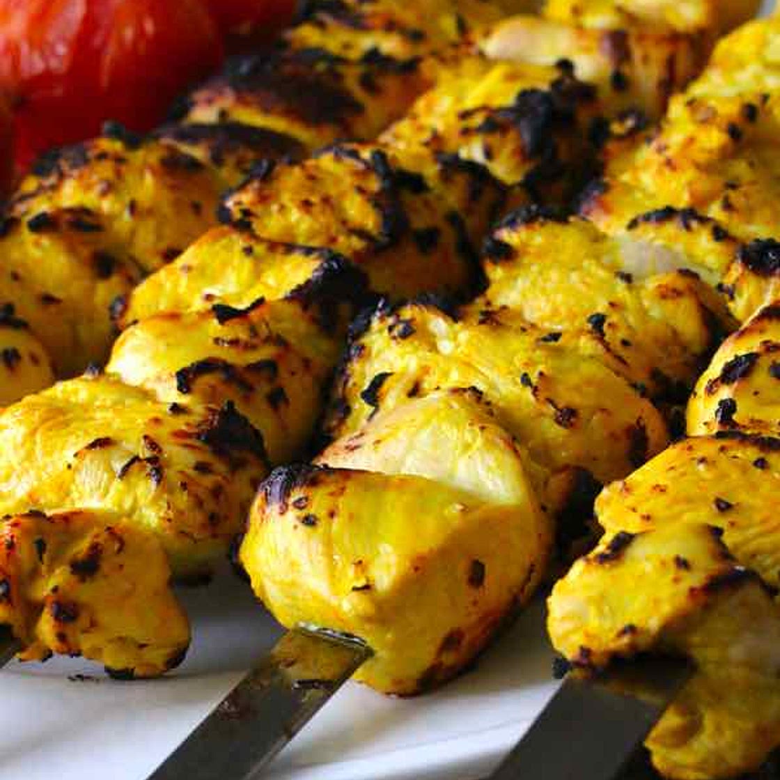 Joojeh kabob (also spelled jūjeh kabāb or joojay kebob)