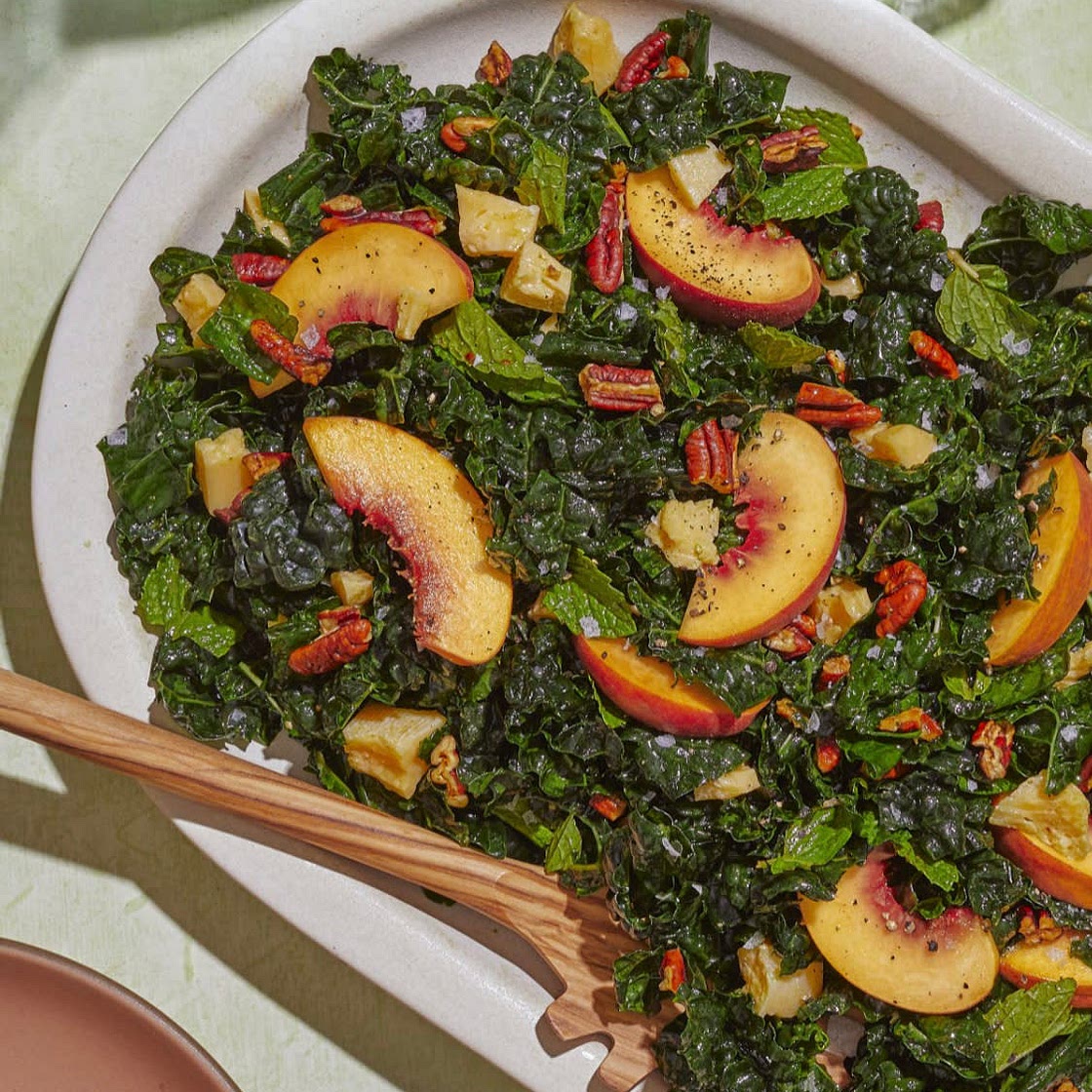 Peach-Pecan Kale Salad with Hot Honey Vinaigrette