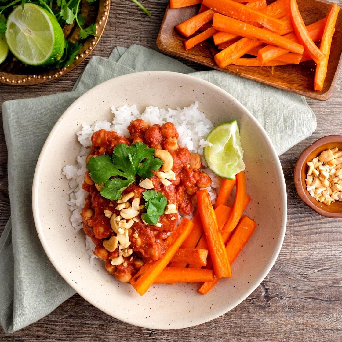 Chana Masala with Cumin Roasted Carrots and Rice