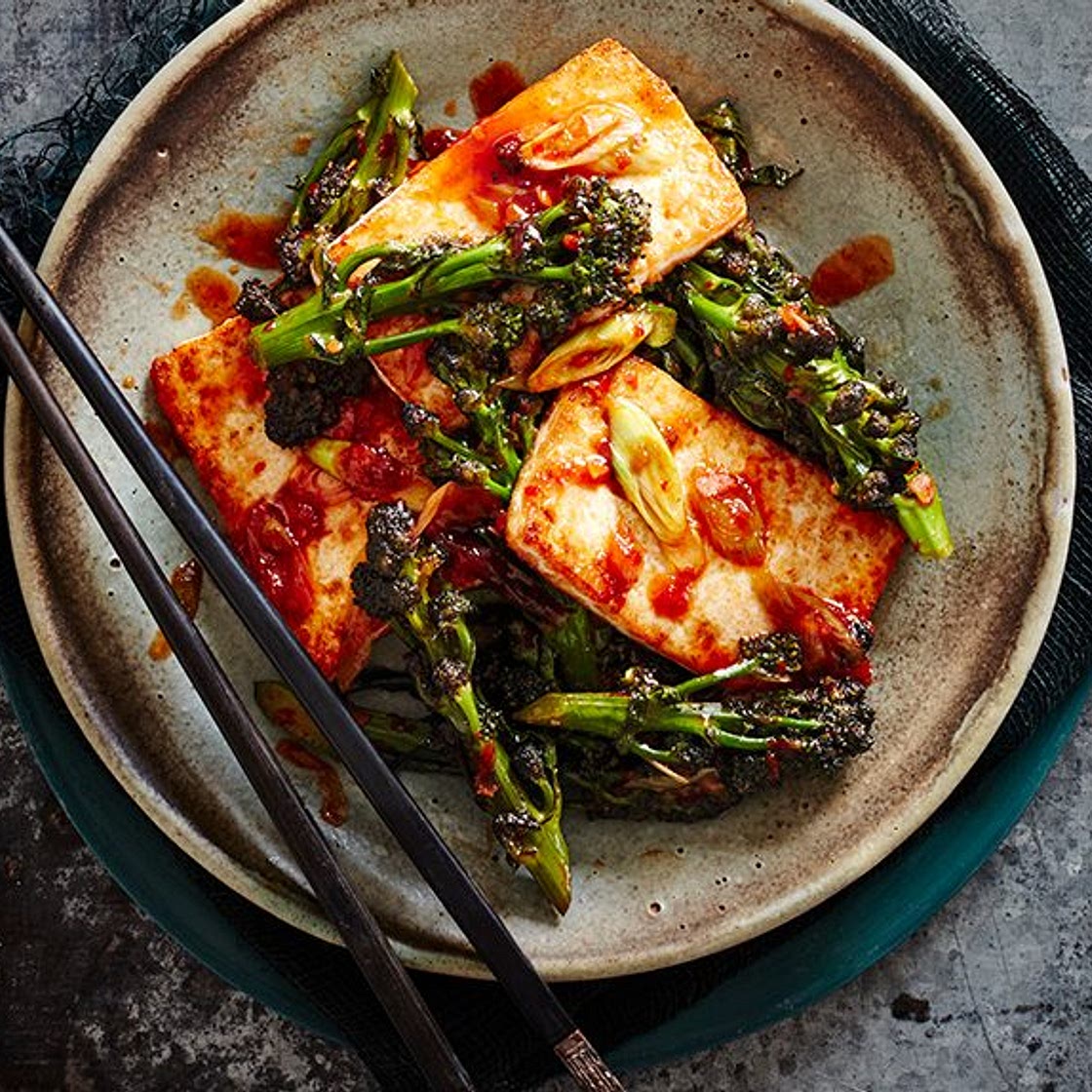 Chinese-style purple sprouting broccoli with tofu