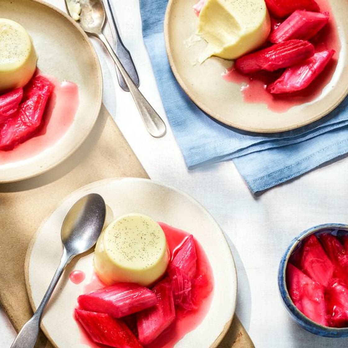White chocolate panna cotta with stewed rhubarb