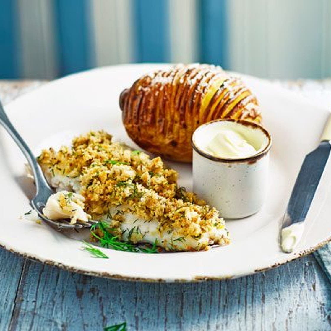 Cod with an orange & dill crumb and hasselback potato