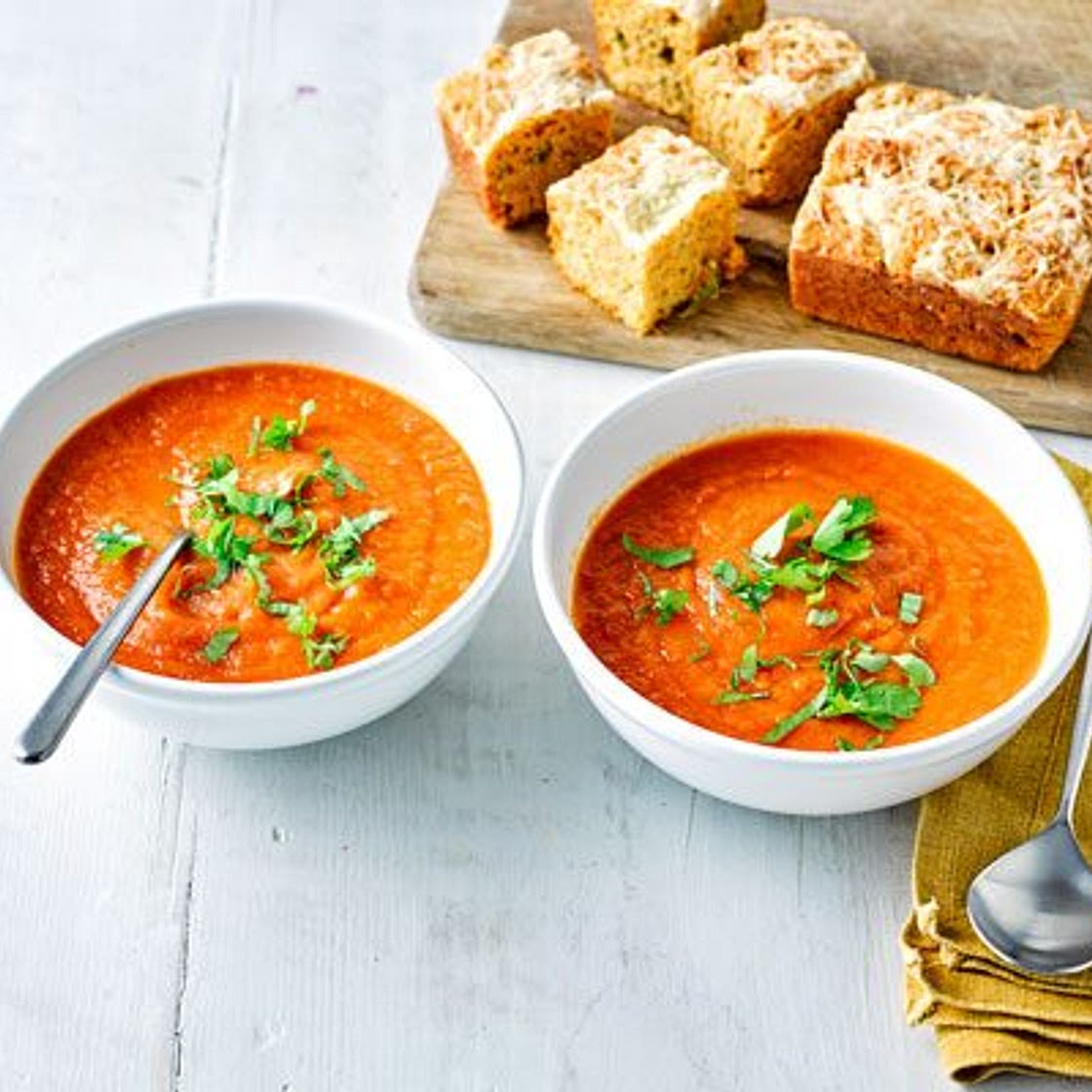 Fresh tomato soup with cheesy cornbread