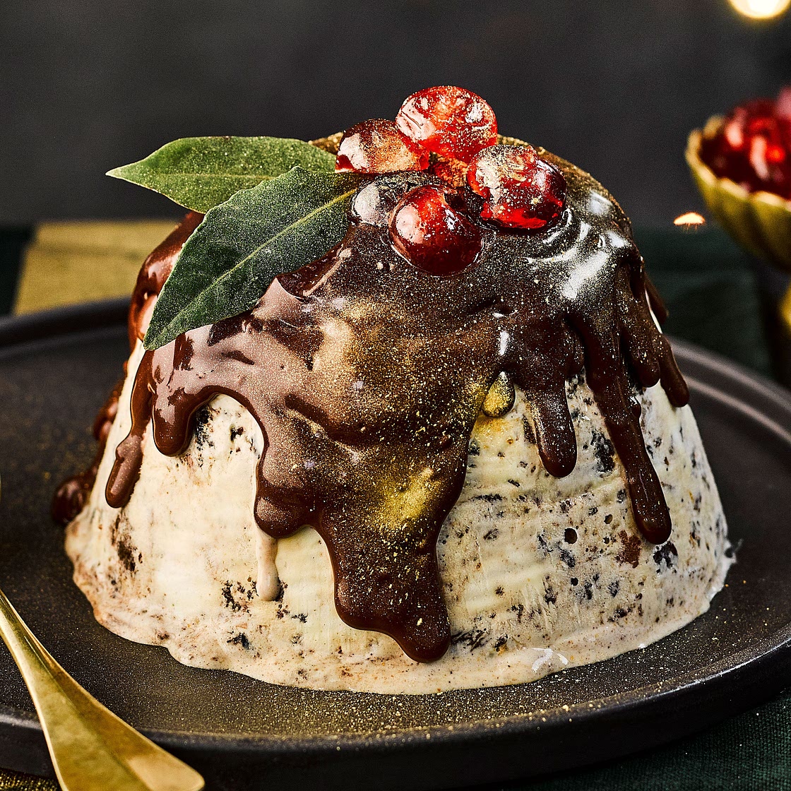 Christmas pudding ice cream bombe