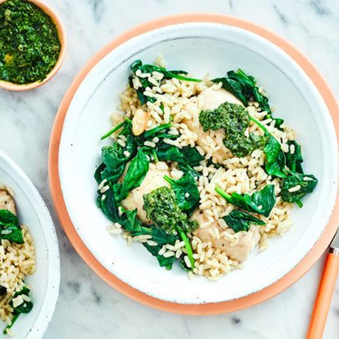 Roast chicken thighs with brown rice & salsa verde
