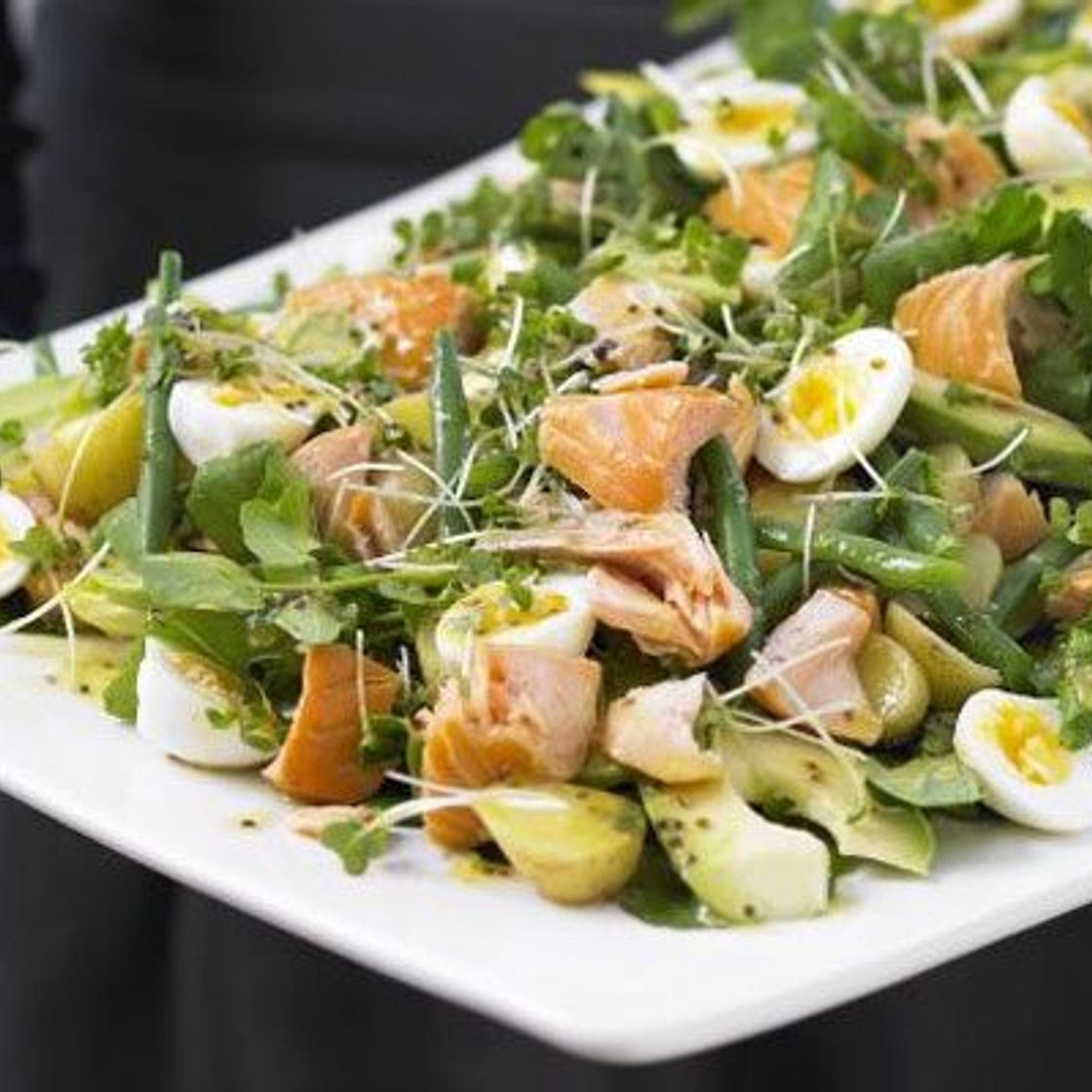 Hot-smoked salmon, double cress & potato salad platter
