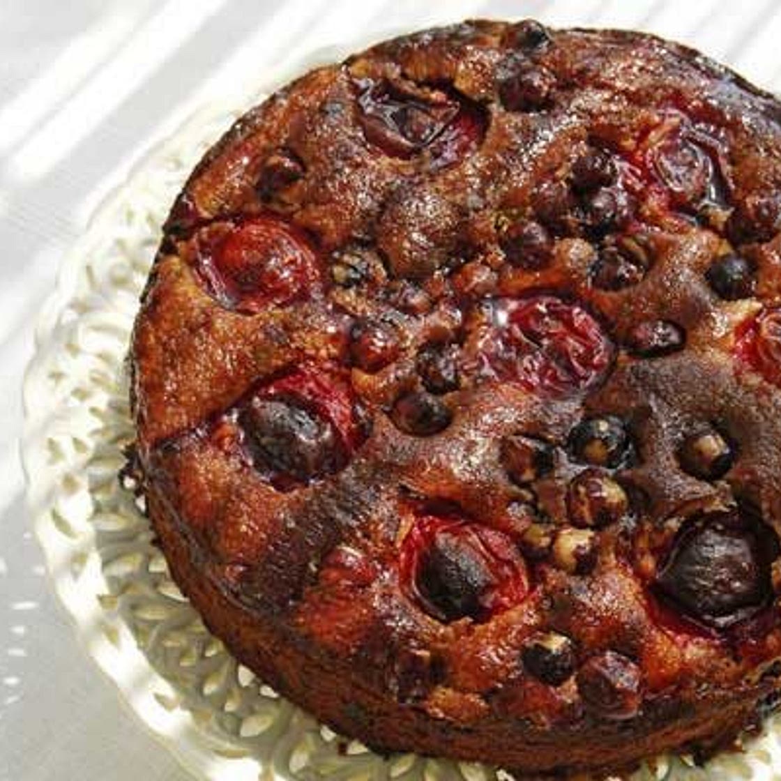 Plum, hazelnut & chocolate cake