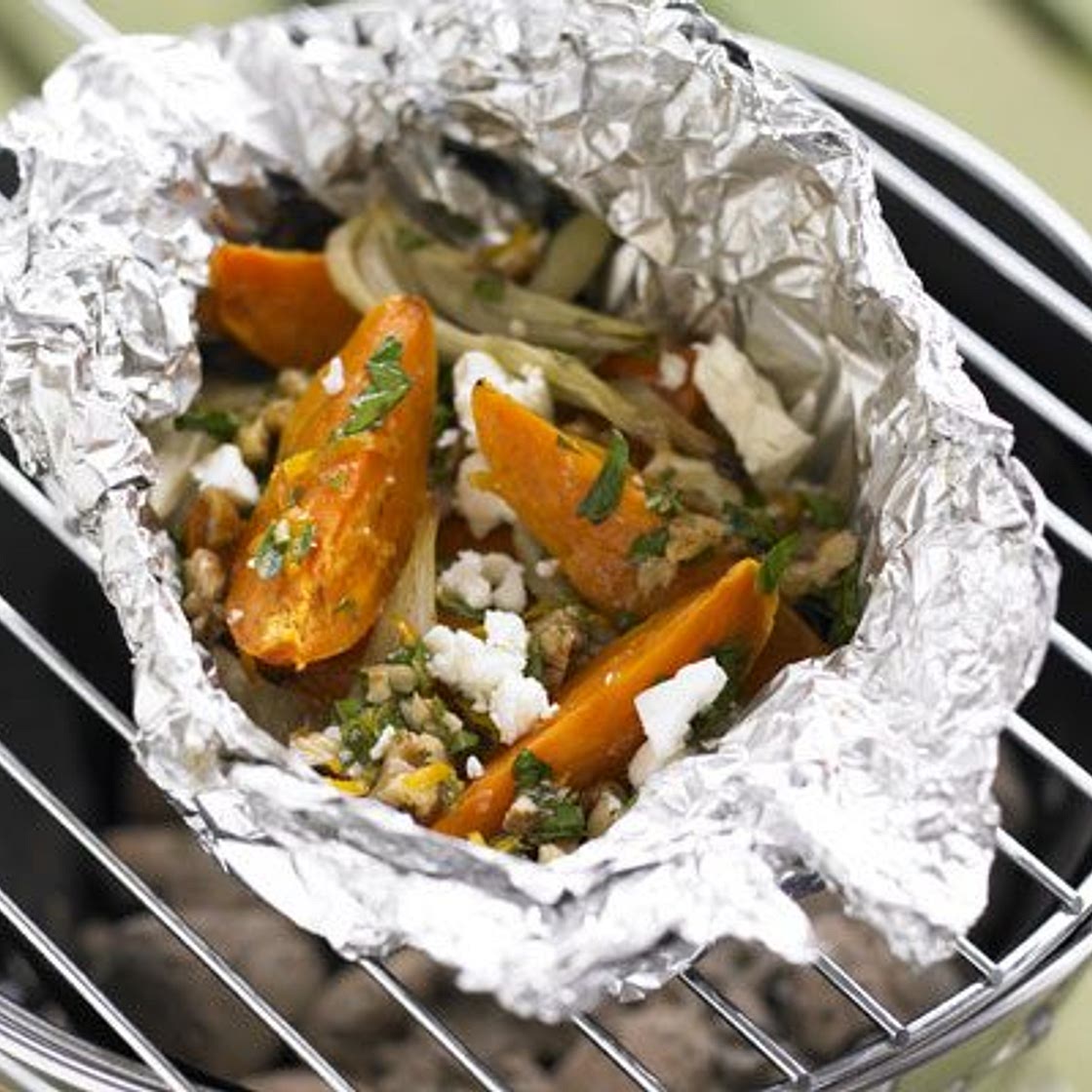 Hot dressed sweet potato, fennel & feta parcels