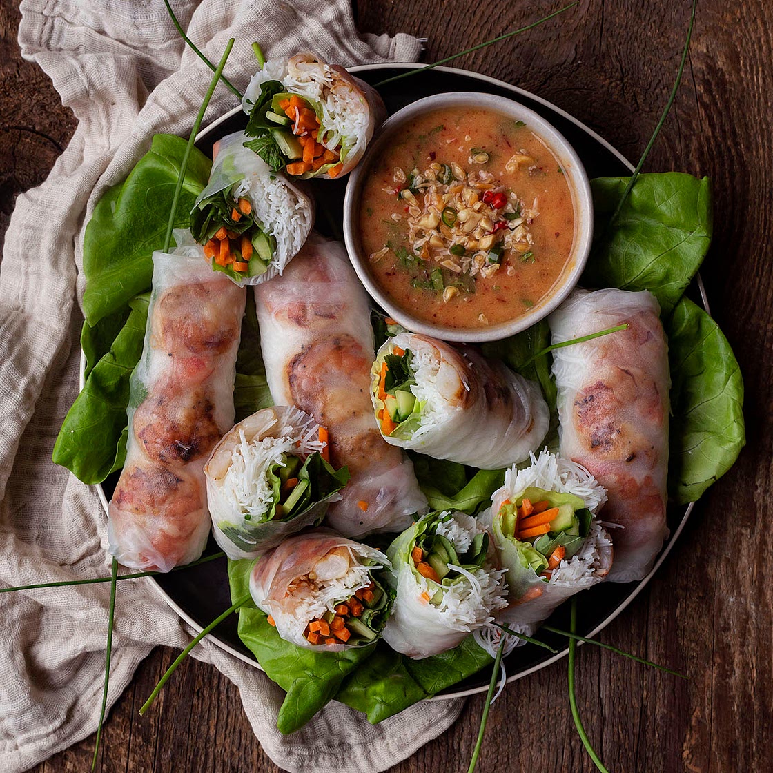Vietnamese LemonGrass Grilled Shrimp Fresh Rolls with a Peach and Thai Chilli Peanut Sauce