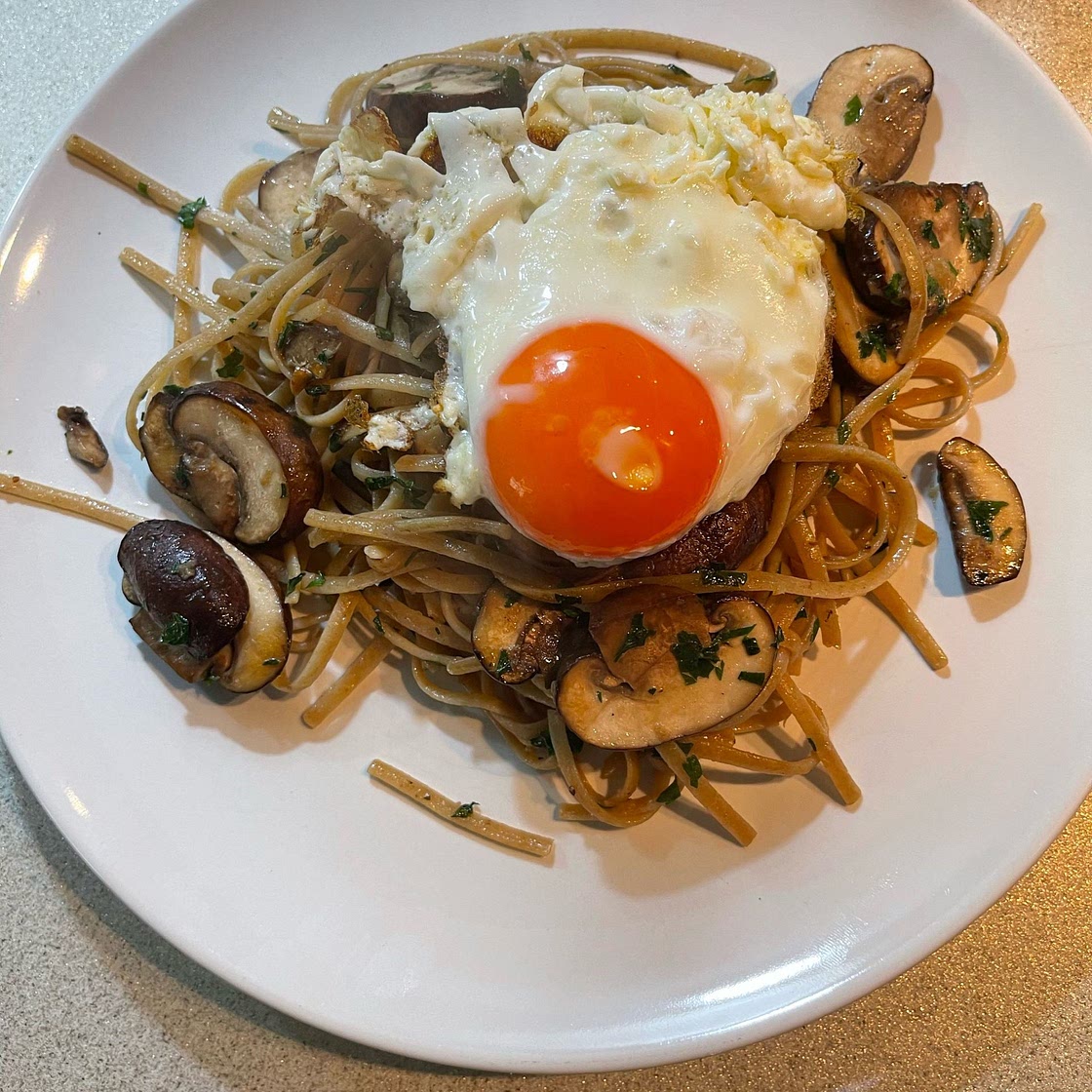 Languedoc pasta with mushrooms and fried egg recipe