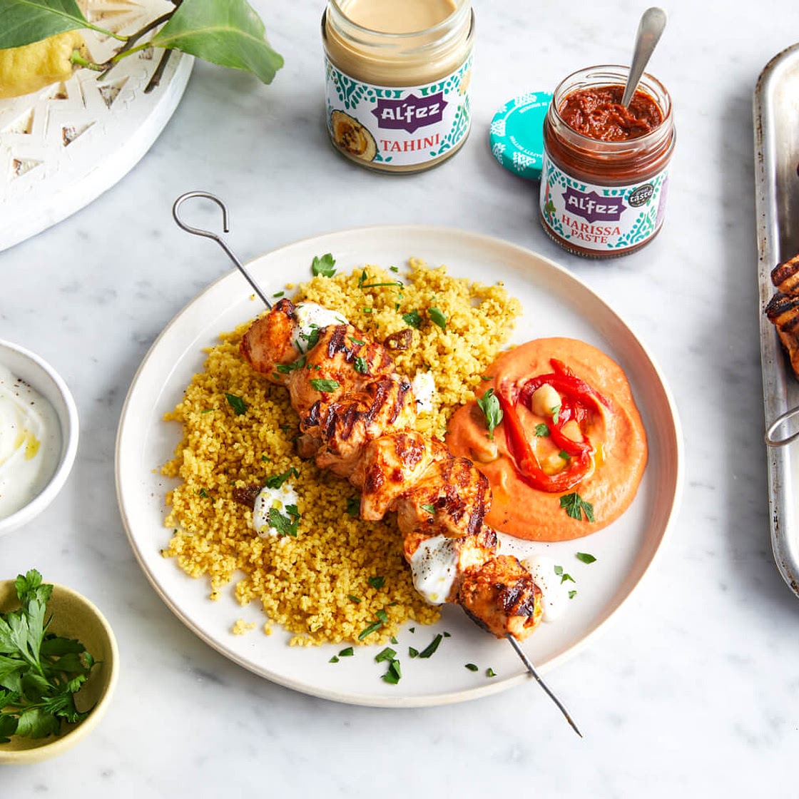 Harissa Chicken Kebabs with Red Pepper Houmous - Alfez