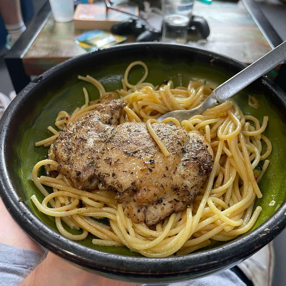 Italian Chicken over Lemony Spaghetti with Zucchini & Chili Flakes