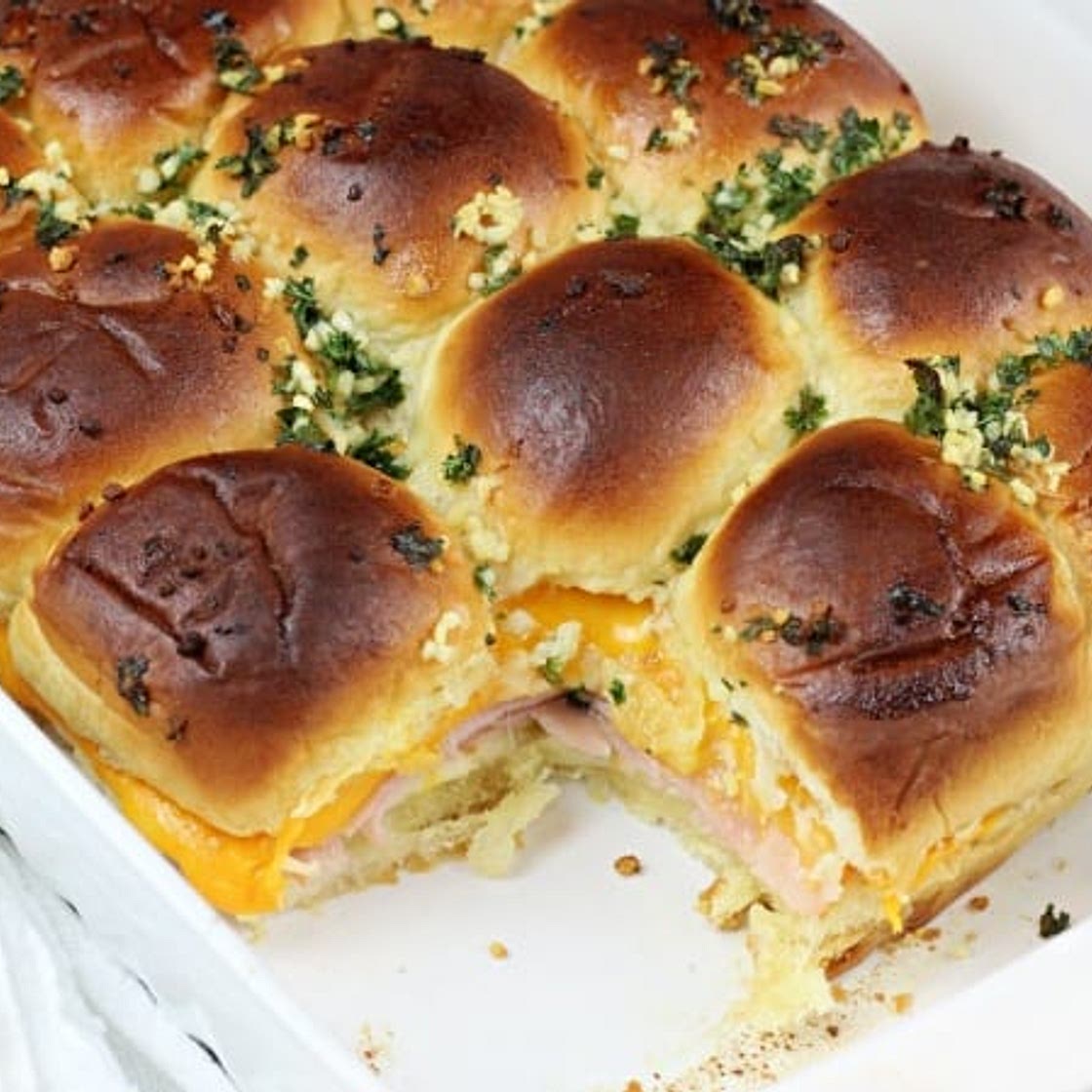 Ham and cheese sliders on Hawaiian rolls