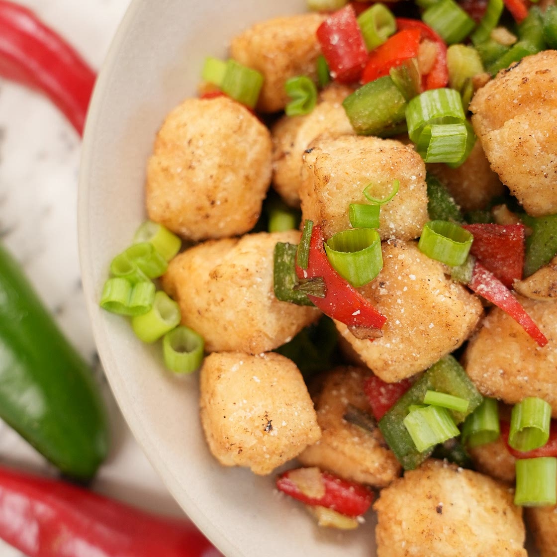 Salt and Pepper Tofu 1 lb firm or extra firm tofu drained and pat dry 1 egg 1 cup cornstarch plus 2 tbsp 1 red chili I used fres