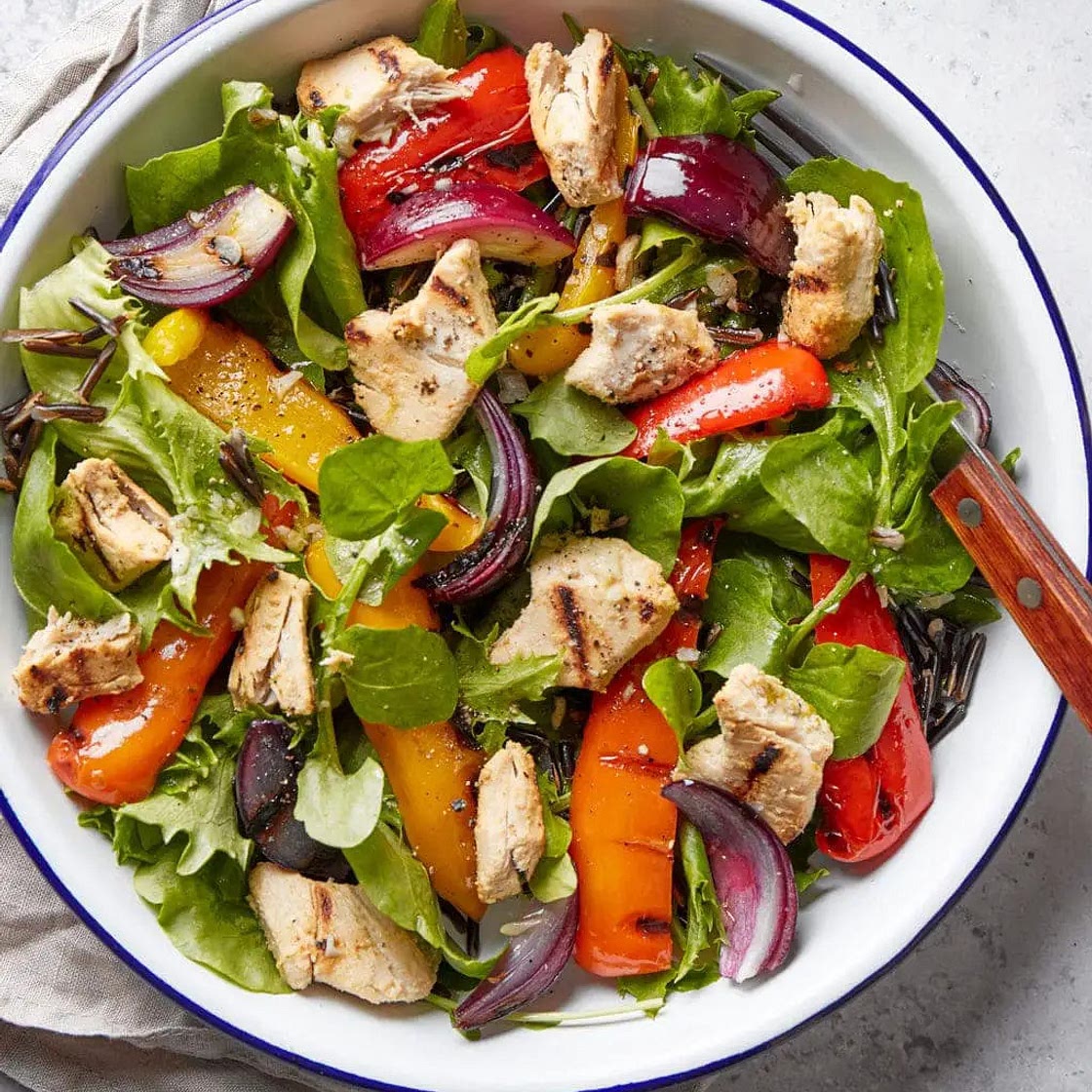 vegan grilled vegetable and chicken salad