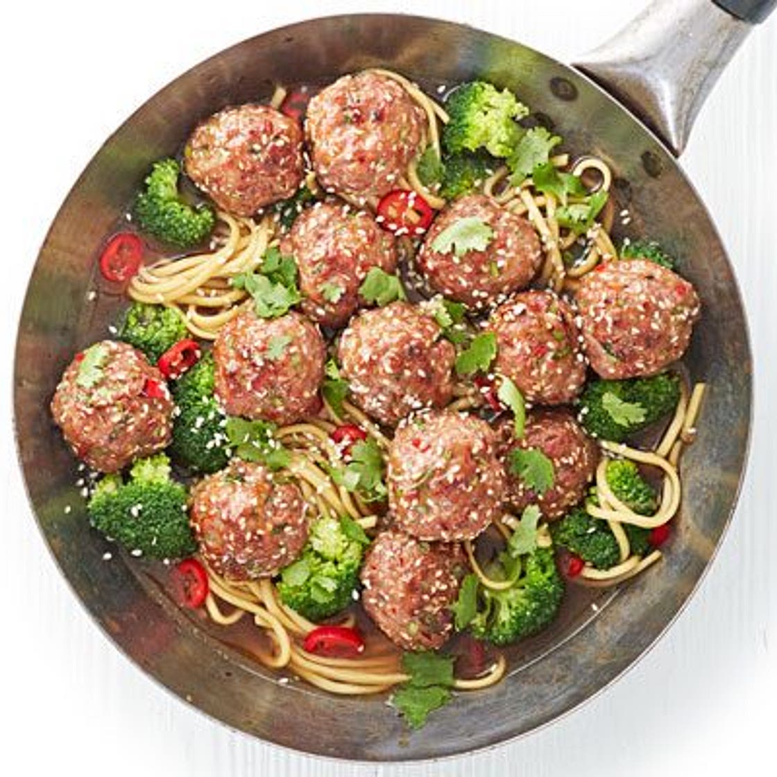 Sesame pork meatballs with chilli noodle broth