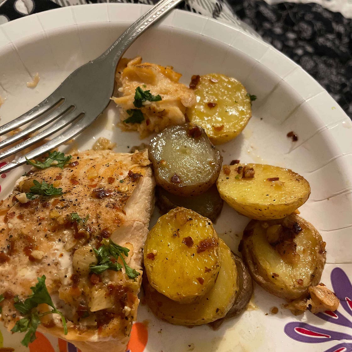 One Sheet-Pan Garlic Butter Salmon + Red Potatoes