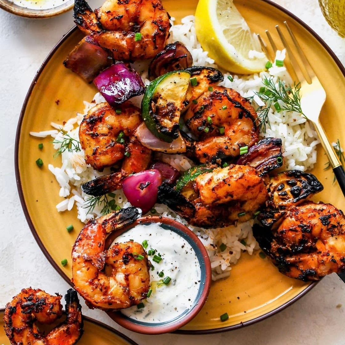 Spicy Grilled Shrimp with Cucumber Dill Rice