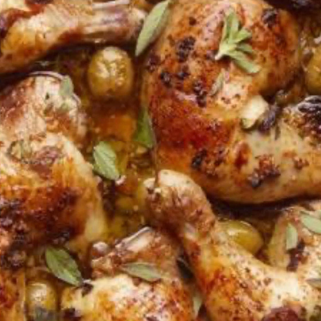 Roast chicken with dates, olives and capers