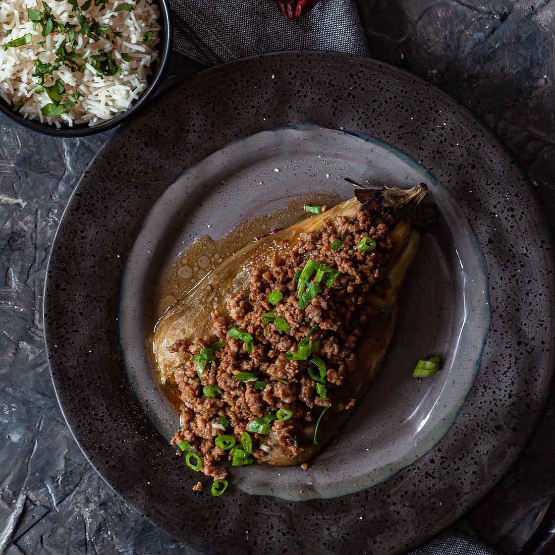 Cambodian Grilled Eggplant with Ground Pork
