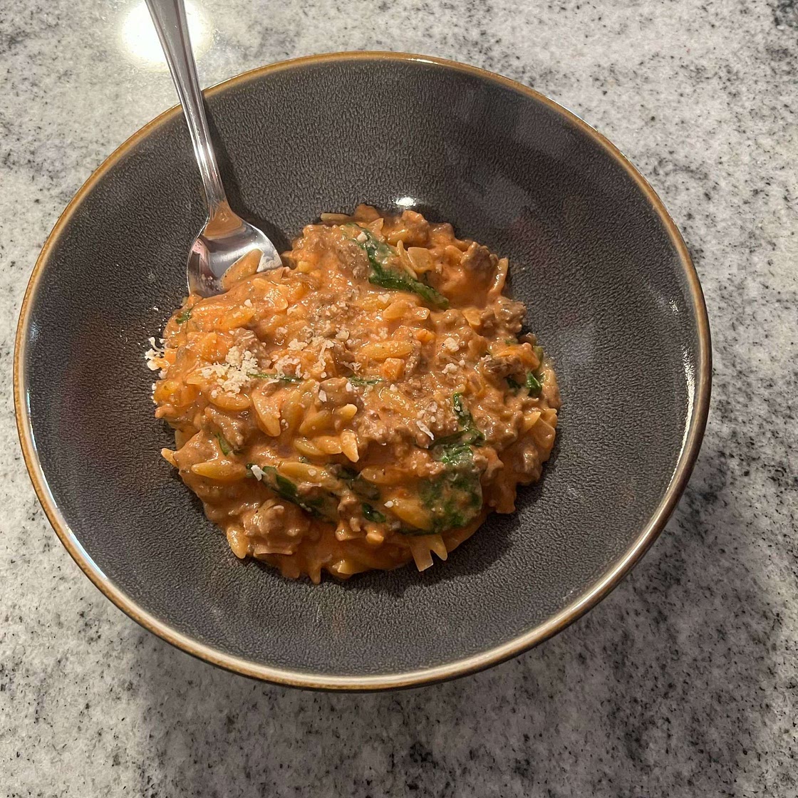 Ground Beef Orzo with Tomato Cream Sauce
