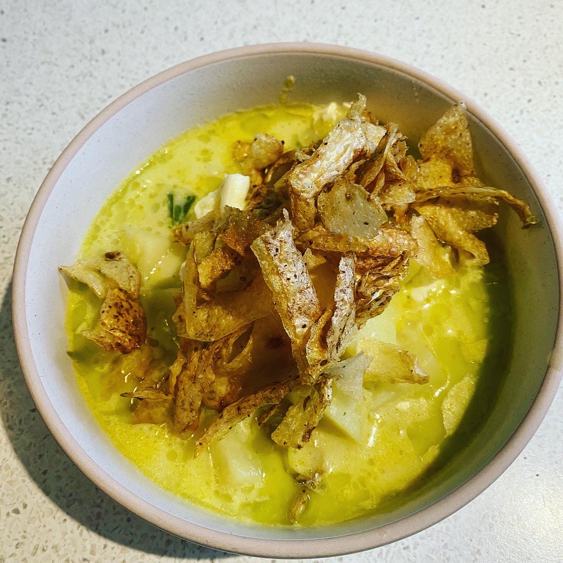 Leek and Potato Soup with Crispy Potato Skins - Andean Style