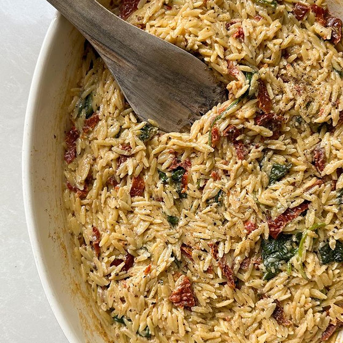 Boursin, Spinach & Sun-dried Tomato Orzo Bake