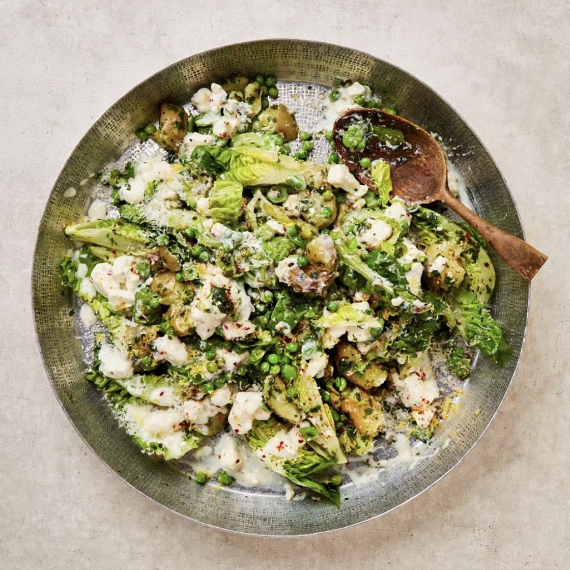Spring salad with buttermilk feta dressing