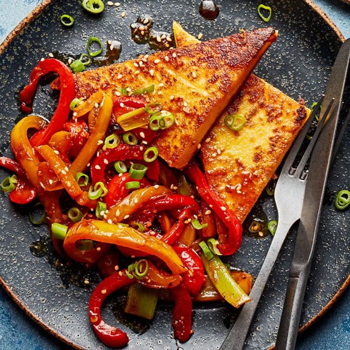 Miso polenta with soy peppers