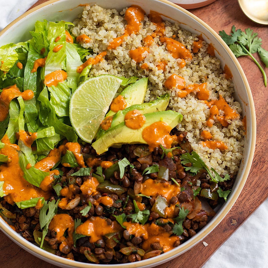 Lentil burrito bowl with chipotle cashew sauce