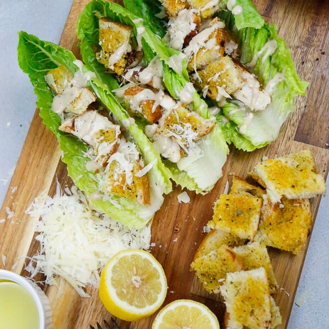 CHICKEN CAESAR SALAD BOATS WITH HOMEMADE CROUTONS
