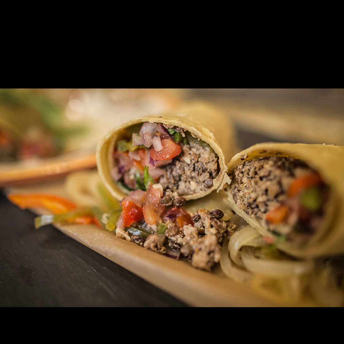 Lentil Walnut Burritos with Peppers, Onions and Salsa