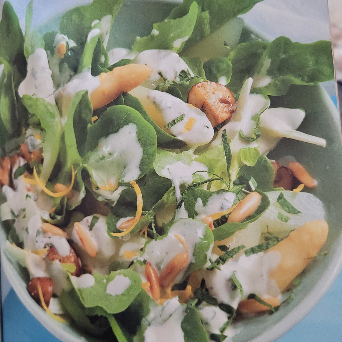 Grüner Salat mit Zitrone-Minz Dressing und Spargel/ Champignons