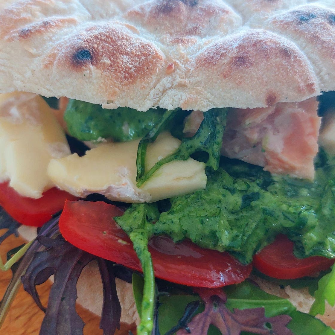Panini - rucola and basil pesto, salmon, brie cheese