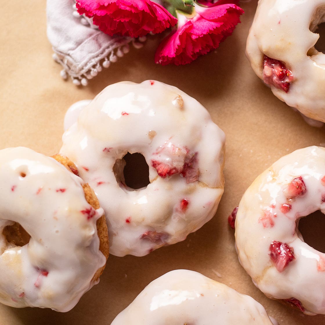 Strawberry Elderflower Glazed Donuts