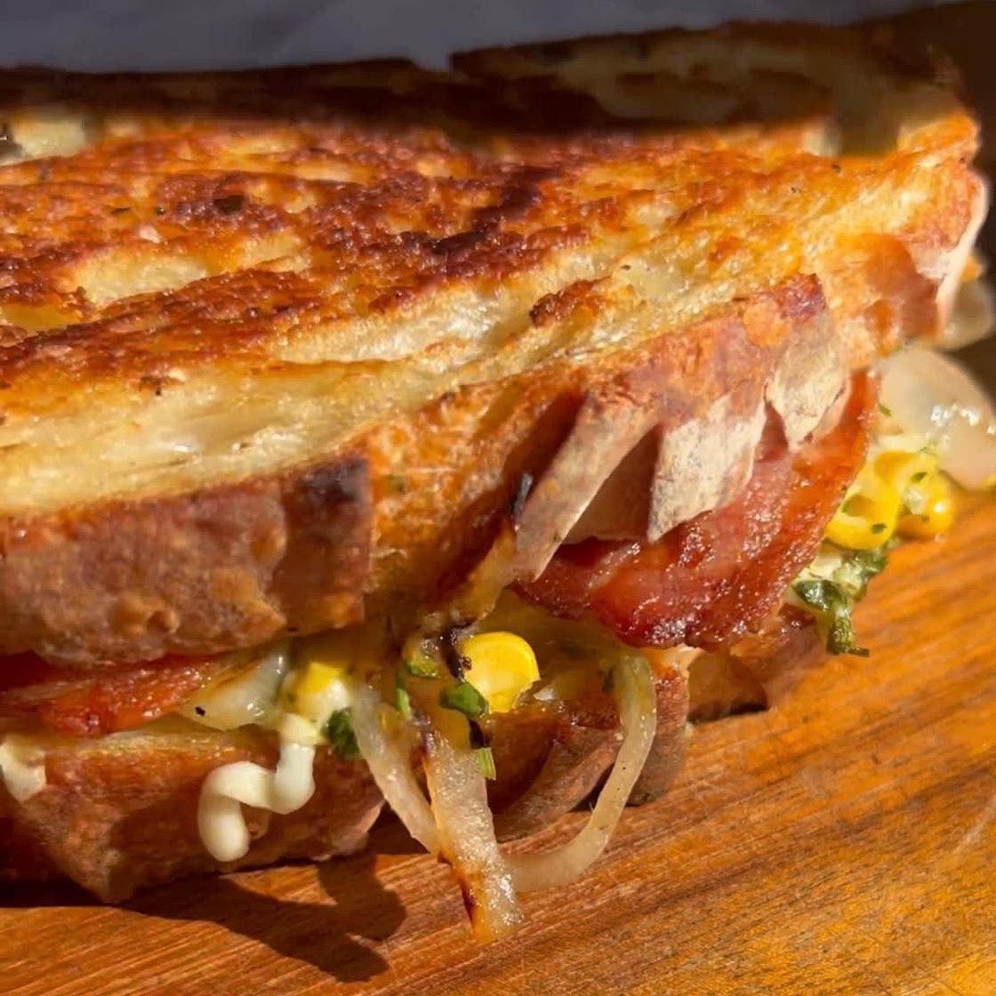 Bacon, Corn + Shallot Grilled Cheese with Garlicky Cilantro Lime