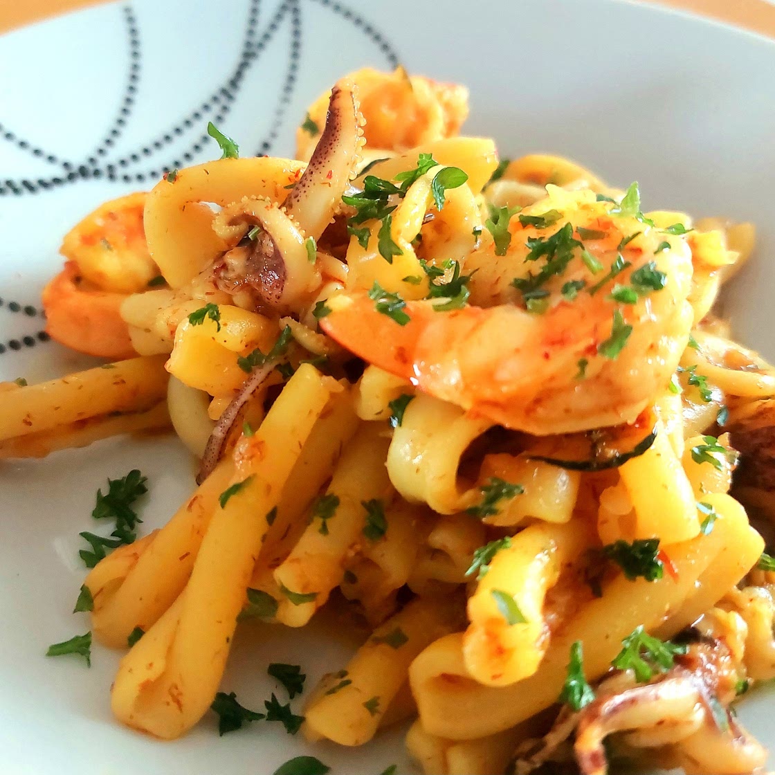 Pasta - Shrimps, cuttlefish, zucchini, and saffron