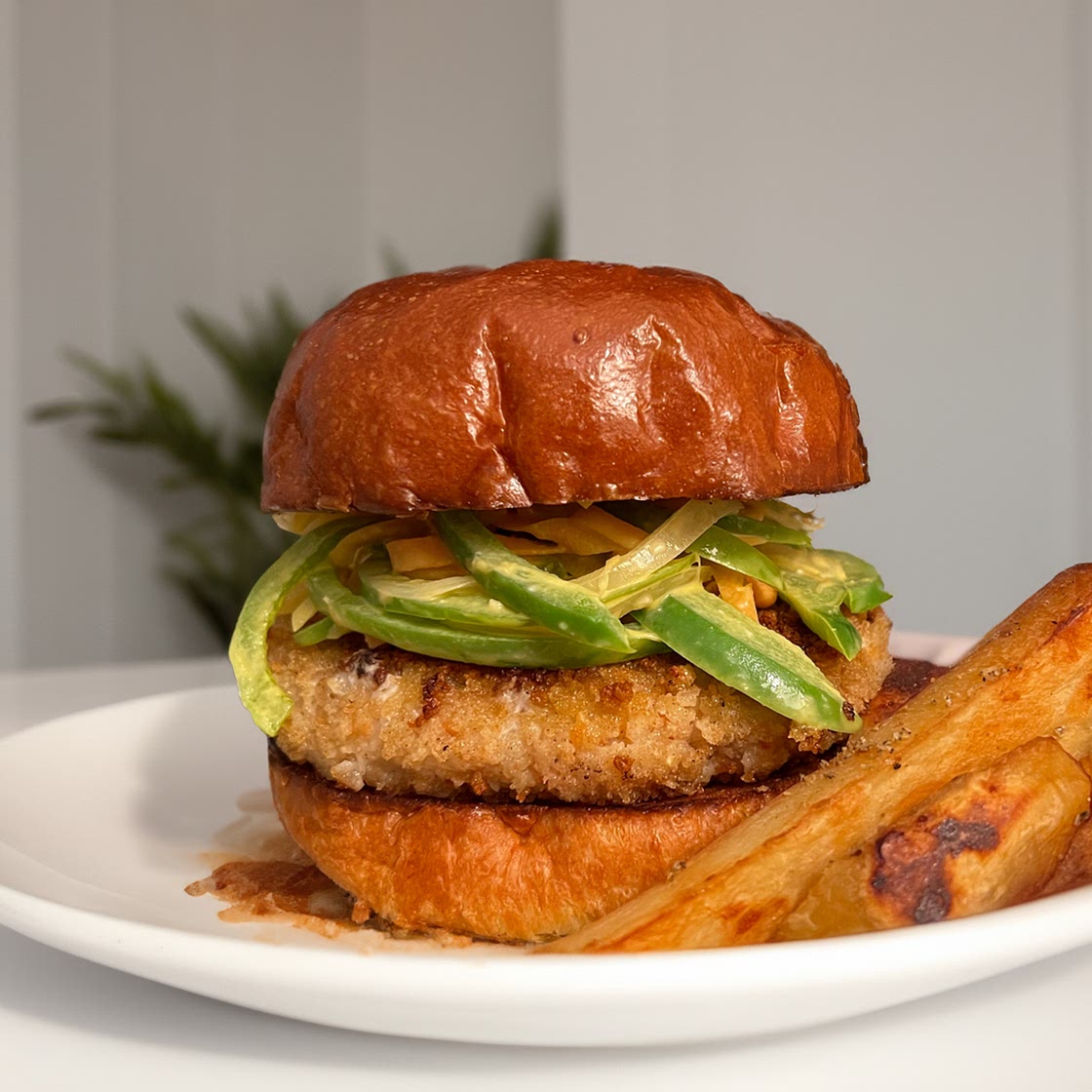 Prawn Katsu Burger with Miso Green Pepper Slaw and Umami Steak Fries