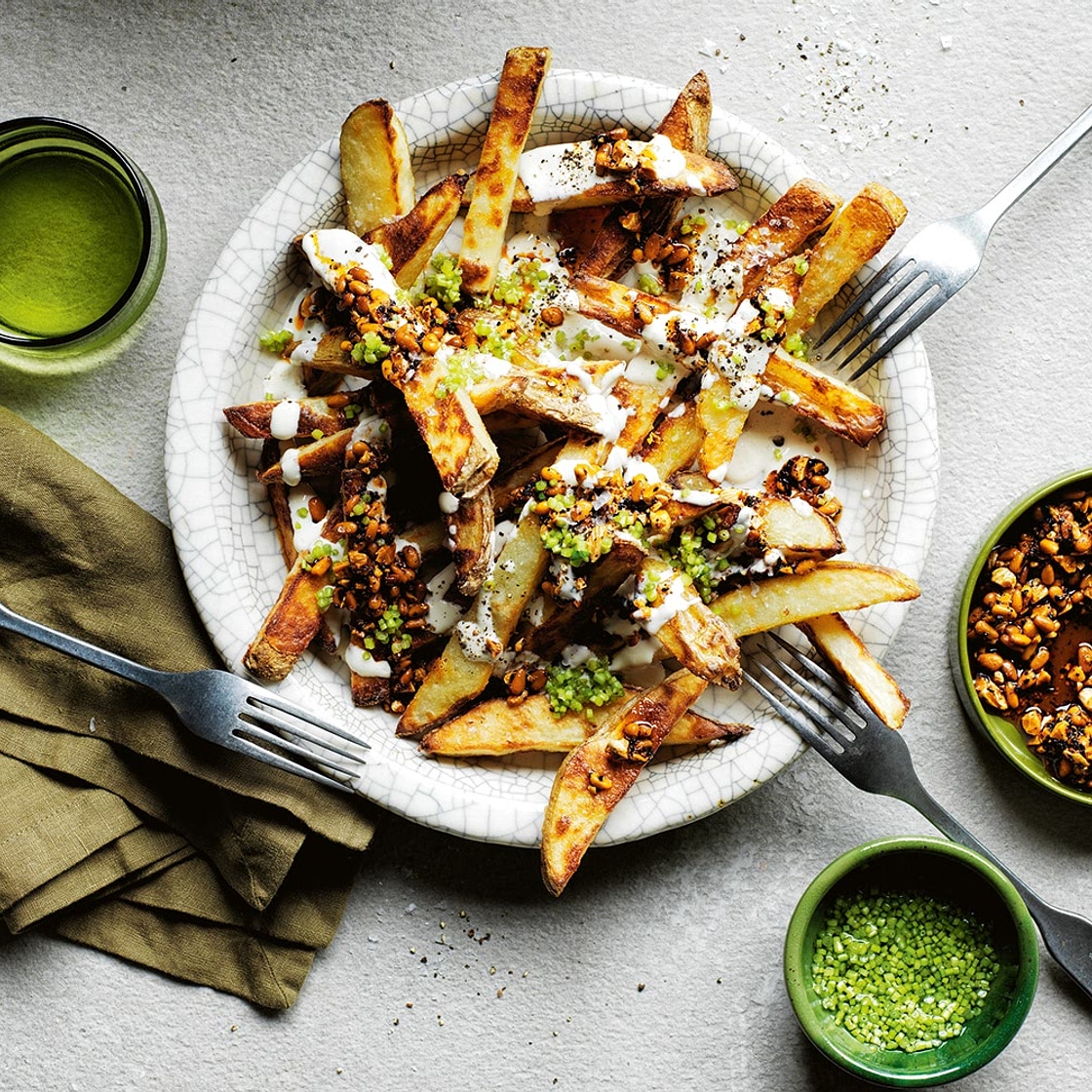 Loaded fries recipe with tahini yoghurt and smokey-sweet nuts