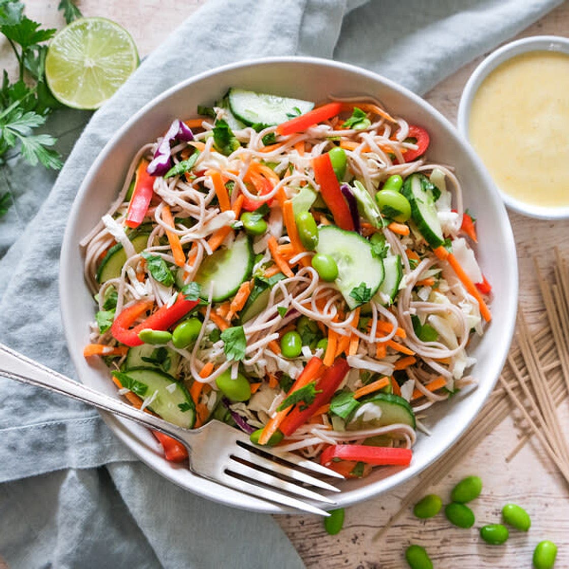 Cold Soba Noodle, Veggie Salad with Curried Coconut Dressing
